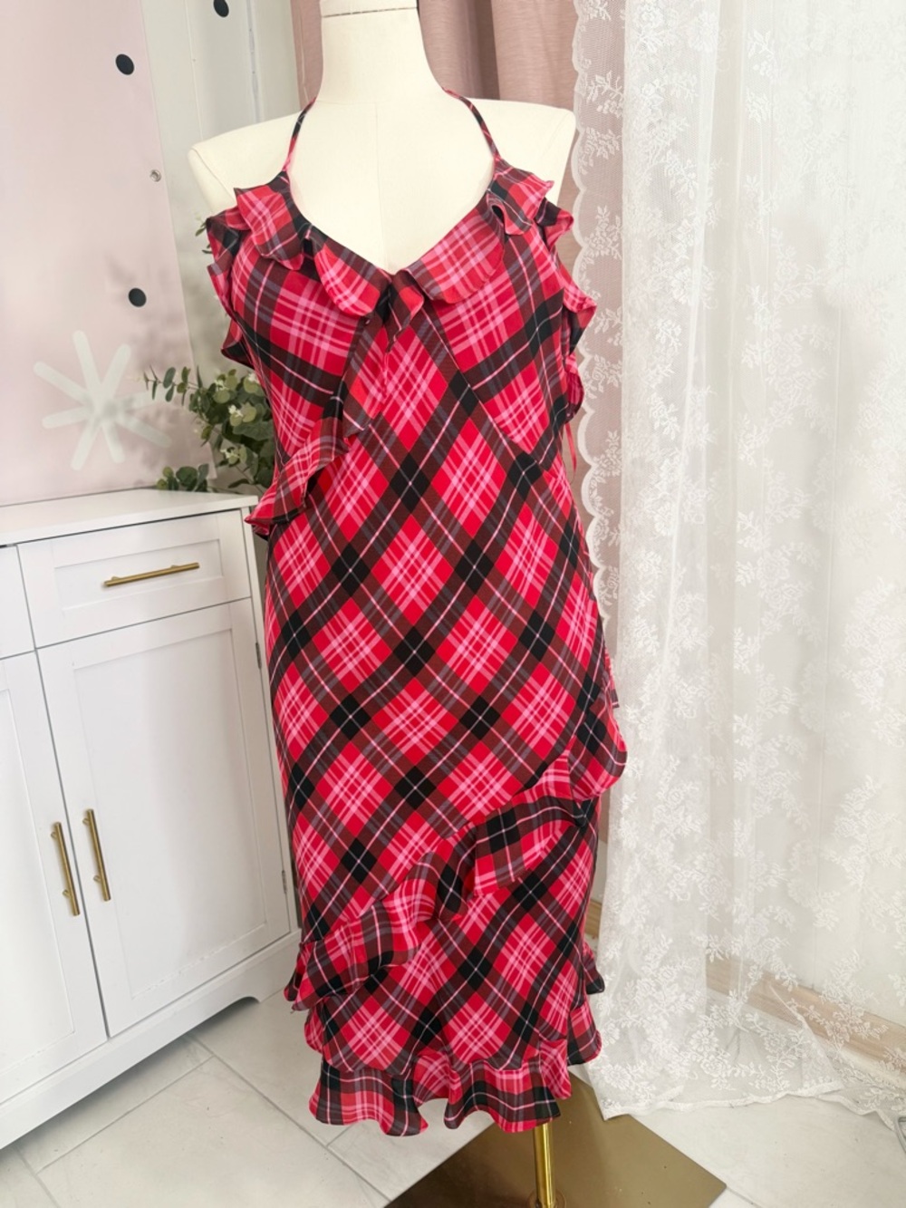 Pink X Love Shack Fancy Red Plaid Slip Dress with Ruffle Trim - Womens Bin#1